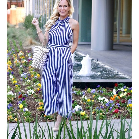 J.Crew size 00 blue white stripe halter wide leg Jump suit pantsuit romp… - Picture 2 of 14